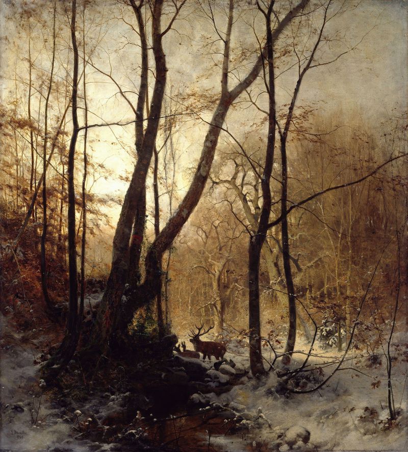 Winter in Germany by Ludvig Munthe, oil painting depicting a snowy landscape with hints of early spring.