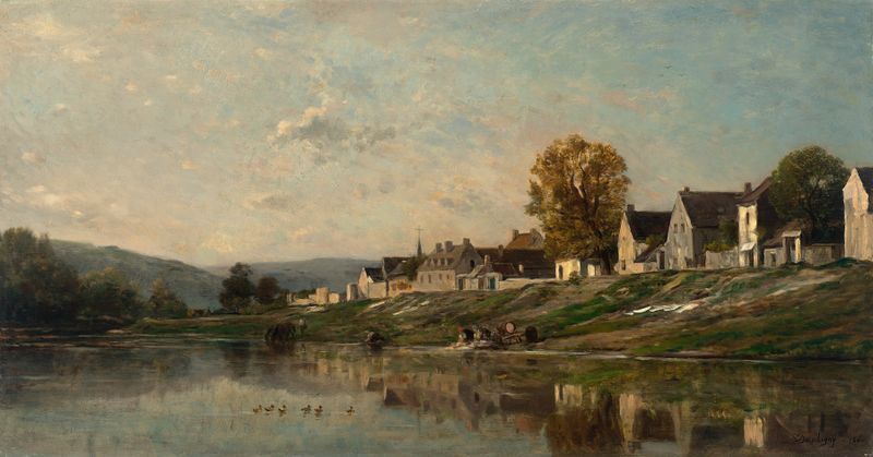 Lavadeiras à beira do Sena em uma pintura a óleo de Charles François Daubigny