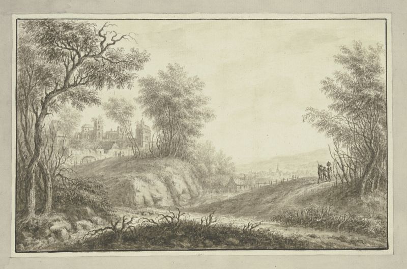 Landscape featuring a forest path, ruins, and a distant village by Johann Caspar Zehender