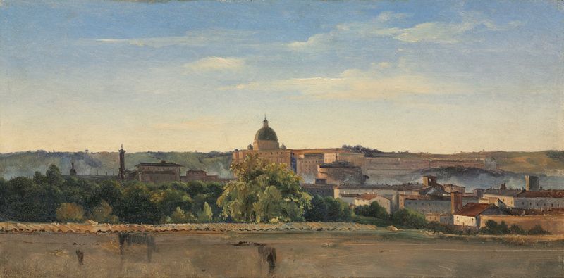 Oil painting by Pierre-Henri de Valenciennes depicting a sunset over Rome.
