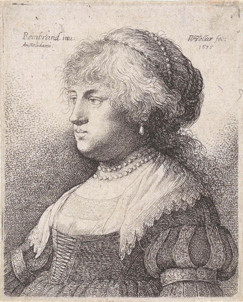 Retrato de una mujer con perlas en el cabello, grabado de Wenceslaus Hollar