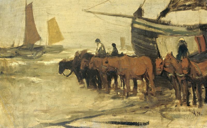 Oil painting by Anton Mauve depicting fishermen preparing a boat on the sea