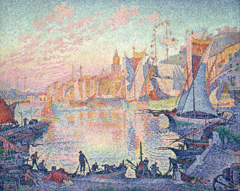 Pintura al óleo de El puerto de Saint-Tropez de Paul Signac, con colores vibrantes y elementos marinos.