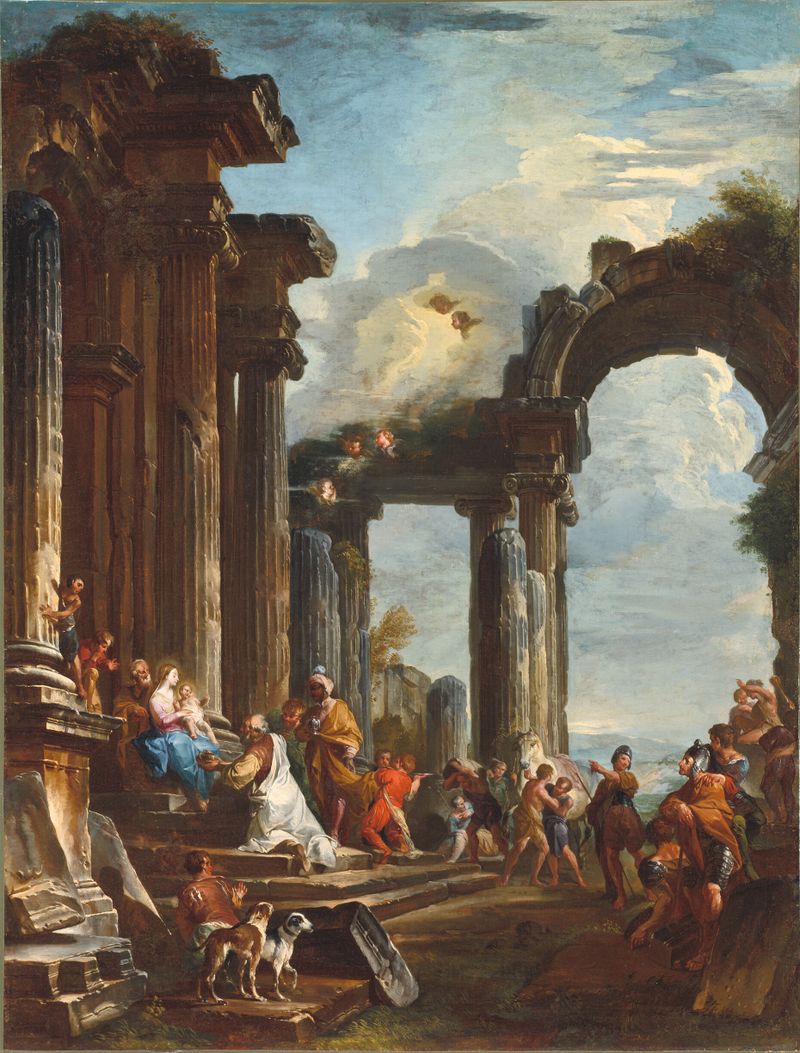 Adoração dos Magos, óleo sobre tela de Giovanni Paolo Panini, mostrando os Magos e os adoradores no presépio.