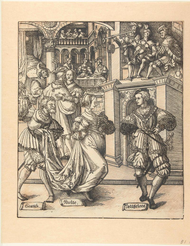 Escena de género con bailarines celebrando bajo candelabros, óleo sobre panel de Cornelis Anthonisz