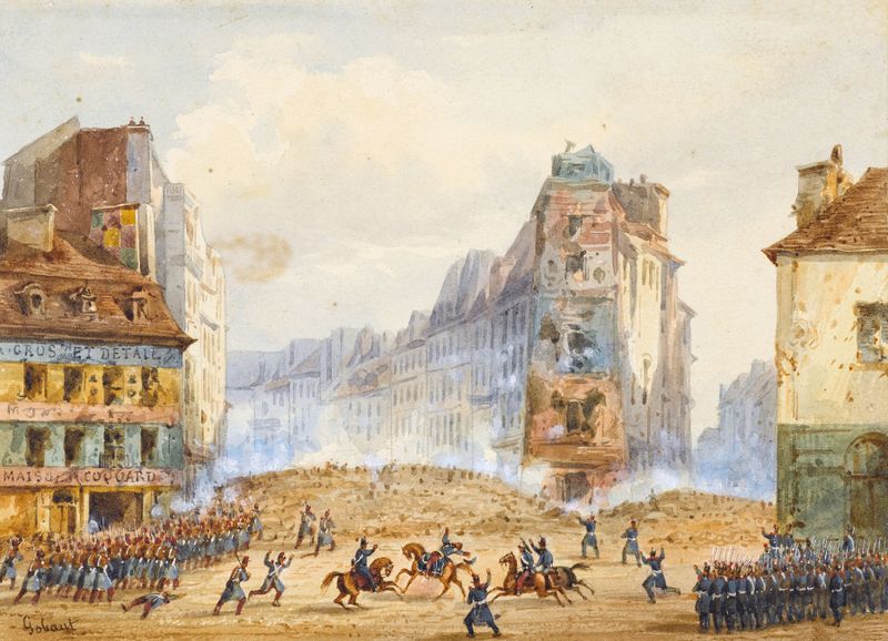 Historical scene of a barricade during revolution, oil on canvas by Gaspard Gobaut