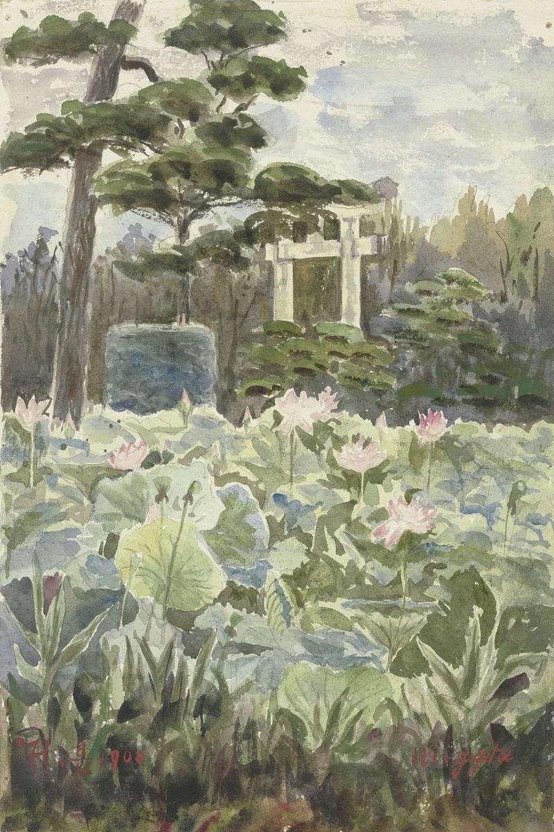 Japanese Traditional landscape by Fritz Hauck, depicting a serene garden with stones and foliage.