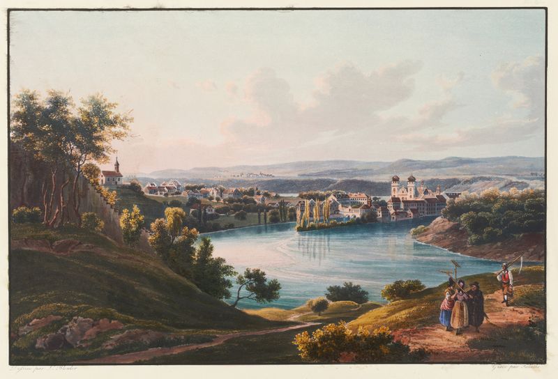 Landscape scene featuring the convent of Rheinau by Johann Ludwig Bleuler, oil painting