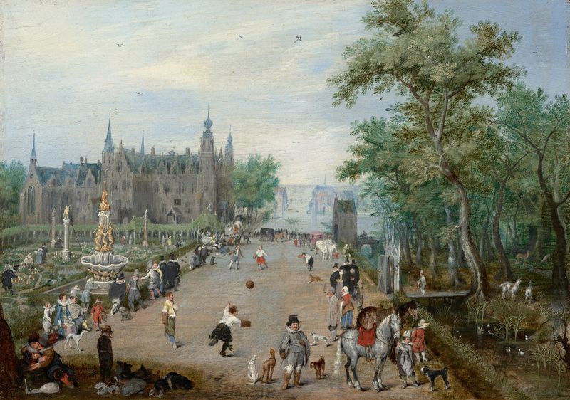 A Jeu de Paume Before a Country Palace by Adriaen Pietersz van de Venne, oil painting depicting tennis players in a garden.
