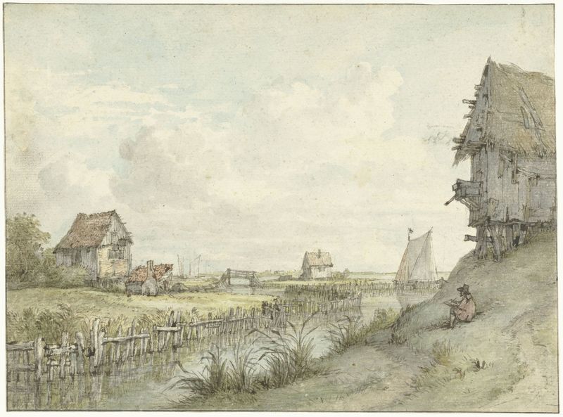 Rivierlandschap met schetsende tekenaar tussen hutjes de Jan Hulswit, pintura al óleo que representa un paisaje fluvial co...