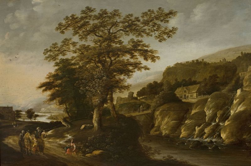 Paisagem do Reno com uma cachoeira, óleo sobre tela de Claes Jansz. van der Willigen