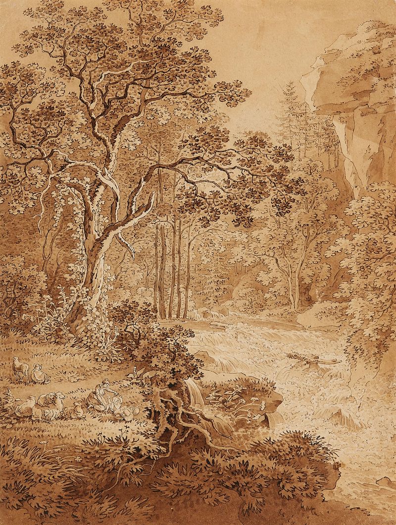 Landscape by Adrian Zingg, oil on canvas depicting gentle hills and dappled sunlight.