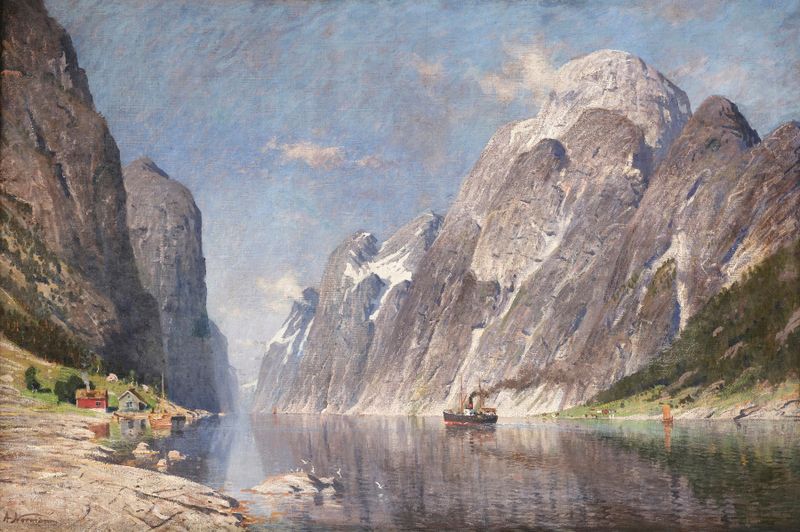 Óleo sobre tela de Adelsteen Normann mostrando um barco em um fiorde invernal
