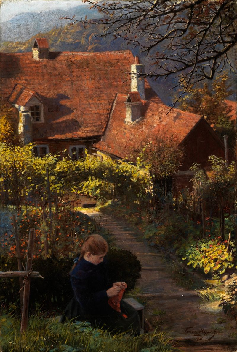 Hauswinkel im Garten, óleo sobre lienzo de Franz Moppert, que representa una vibrante escena de jardín.