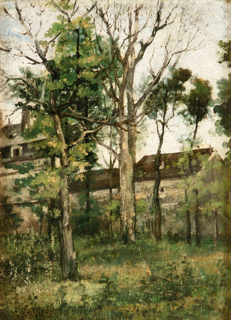 Houses in the woods, oil on canvas by Stanislas Lépine, featuring light filtering through trees.