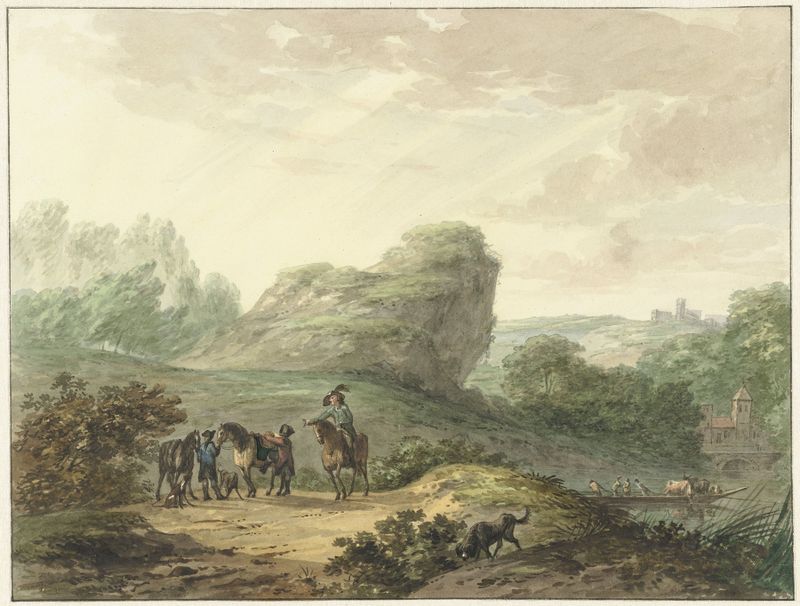 Landschap met ruiters de Hermanus Numan, óleo sobre tela que retrata cavaleiros em um prado sob a luz do sol.