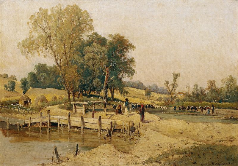 Realism landscape with cattle around a watering trough by Theodor Von Hörmann