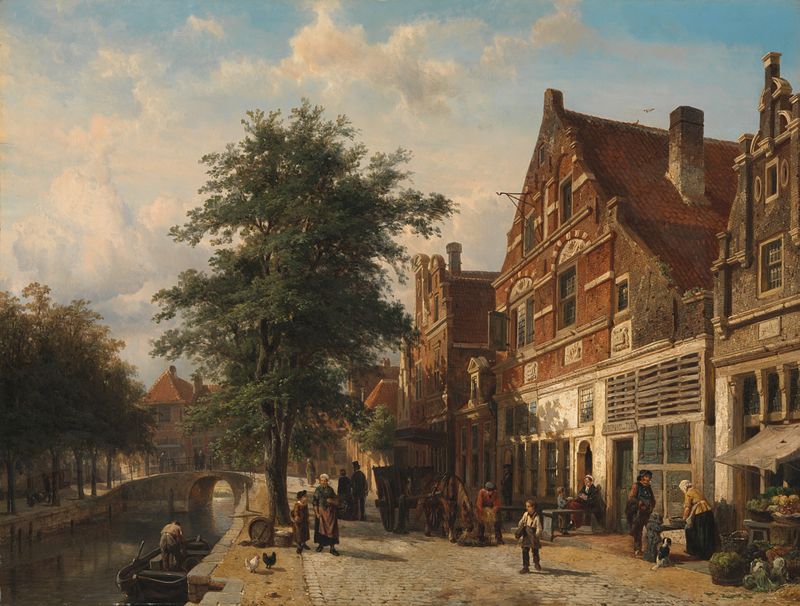 The Zuiderhavendijk, Enkhuizen de Cornelis Springer, óleo sobre painel mostrando barcos e água ao crepúsculo.