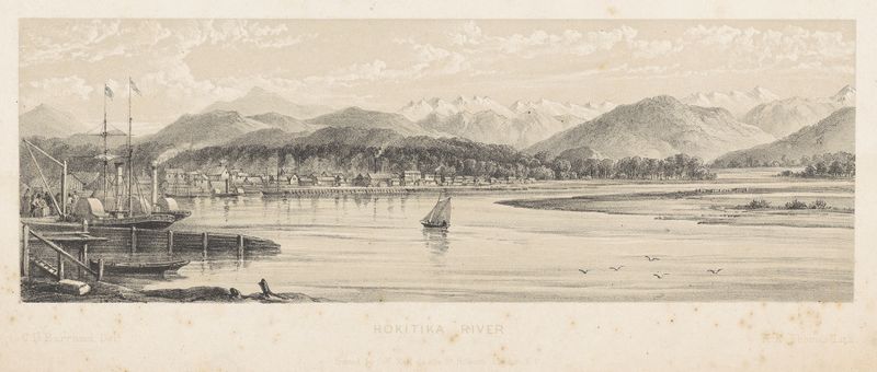 Engraving by Charles Decimus Barraud depicting the Hokitika River, 1877