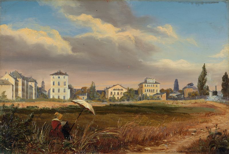 Plein Air Painter at the Outskirts of the City, oil on canvas by Unknown Artist, depicting a twilight landscape.