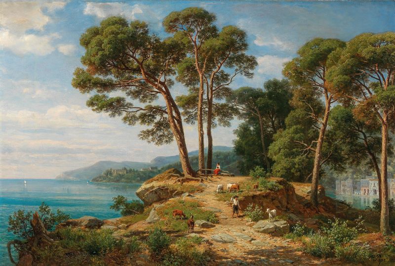 A View of the Coast in Sorrento de Eduard Friedrich Pape, pintura a óleo com ondas suaves e penhascos.