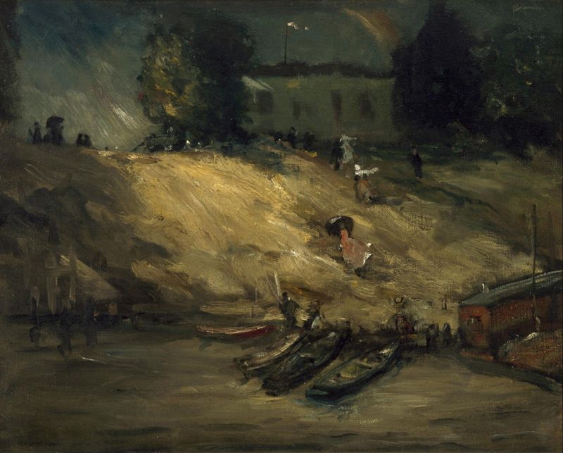Sudden Shower by Robert Henri, oil on canvas showing figures huddled under a tree during a storm.