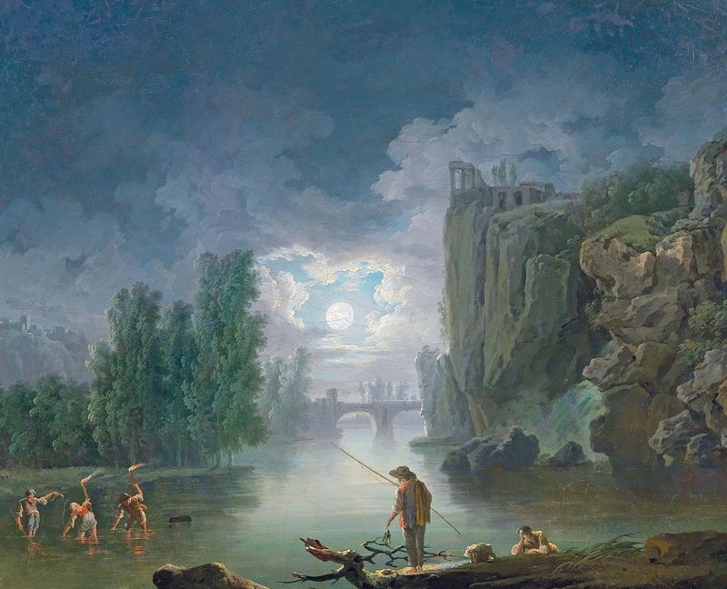 A moonlit river landscape with fishermen working by torchlight, oil on canvas by Francesco Fidanza