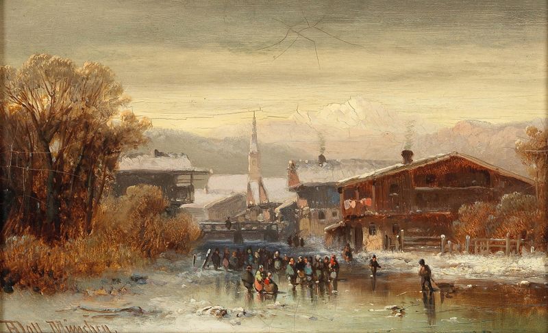 Oil painting by Anton Doll depicting a serene lake and horizon