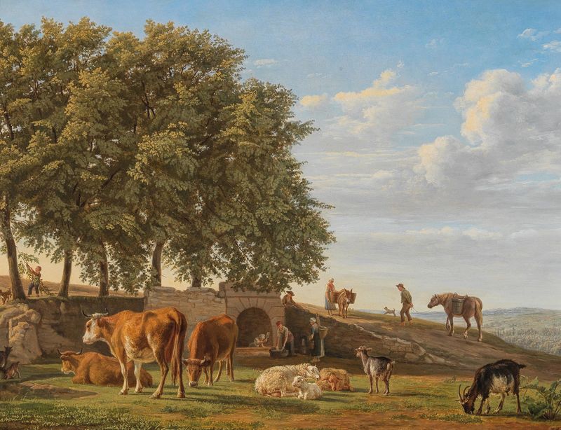 A Pasture with Washerwomen de Johann Ulrich Burri, pintura a óleo que retrata lavadeiras perto de um rio.