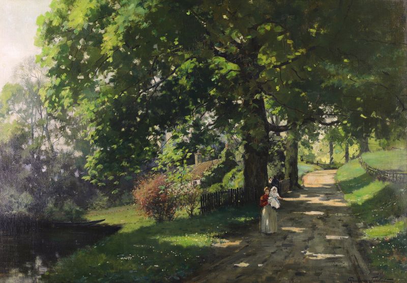 Luz moteada filtra através de ramos sobre um caminho florestal, pintura a óleo de John Henderson Tarbet.