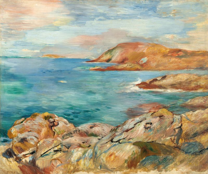Paisagem marinha de Pierre-Auguste Renoir, 1884, com ondas suaves e céu pastel, pintura a óleo