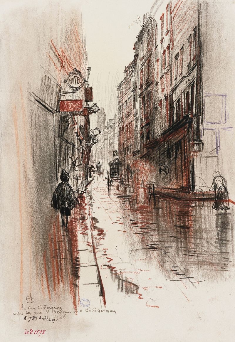 Rue Saint Jacques de Charles Jouas, pintura al óleo que representa una calle adoquinada con luz moteada.