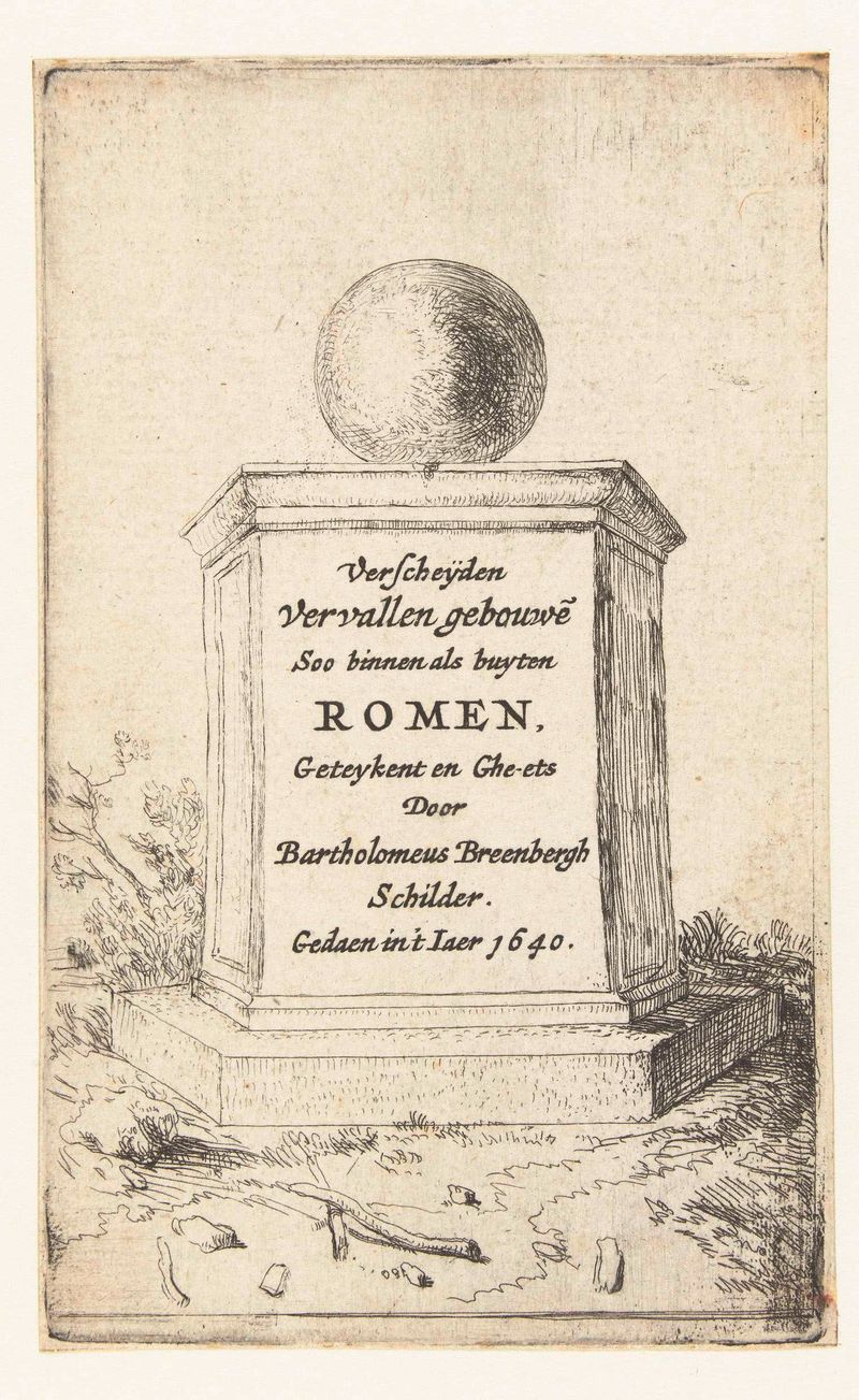 Gravura de Bartholomeus Breenbergh mostrando um pedestal com um globo e chiaroscuro.