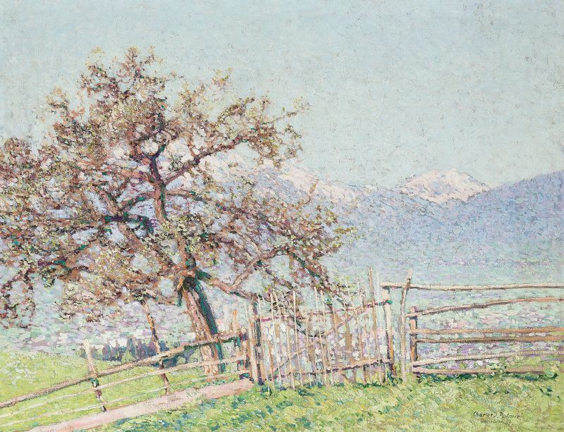 Blick auf Dornbirn de Charles Johann Palmié, impresionismo, que representa un paisaje de pueblo con suaves verdes y luz.