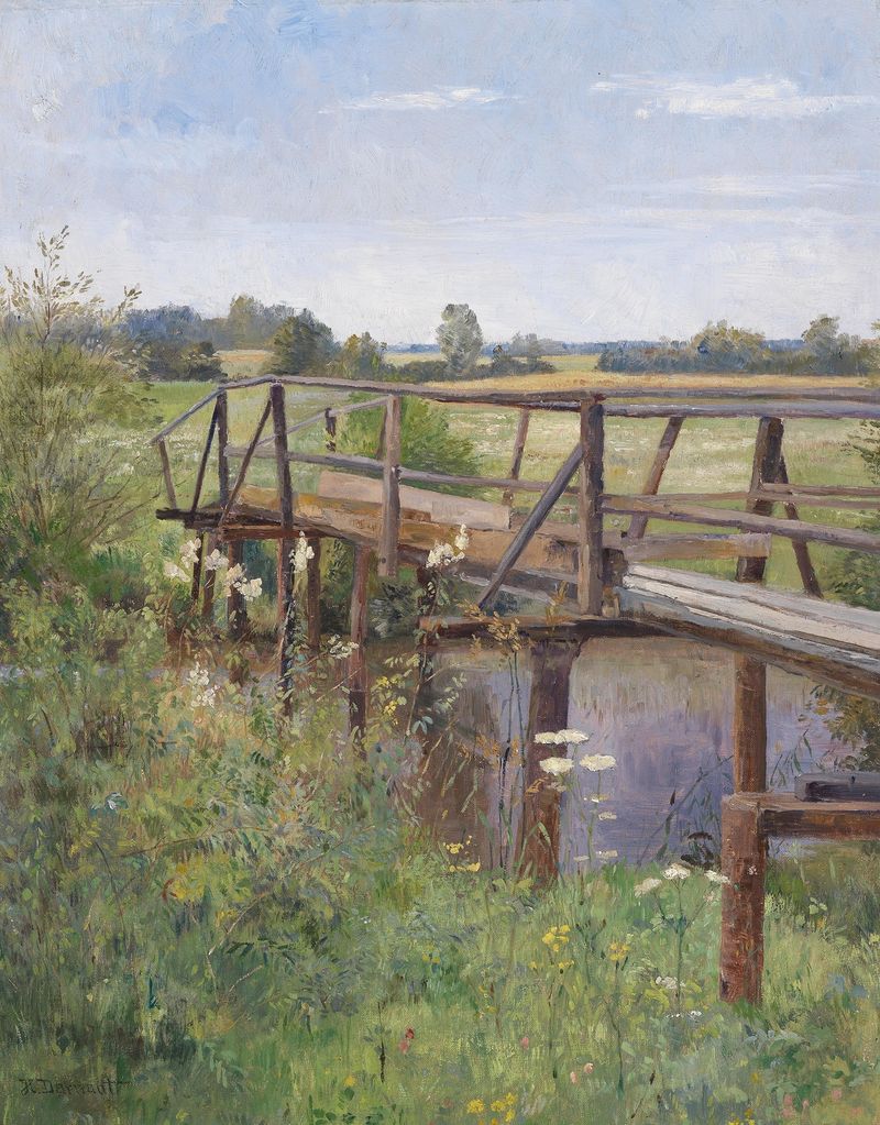 Sommerlandschaft mit Brücke de Hugo Darnaut, pintura a óleo que retrata uma ponte sobre um tranquilo curso d'água.