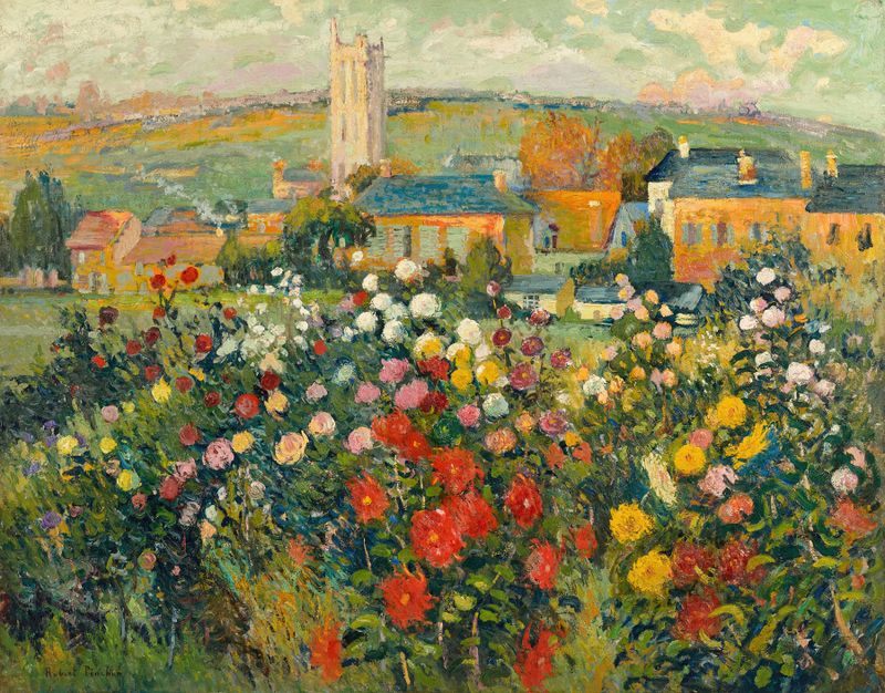 Jardin à Darnétal de Robert Antoine Pinchon, pintura al óleo que representa una vibrante escena de jardín.