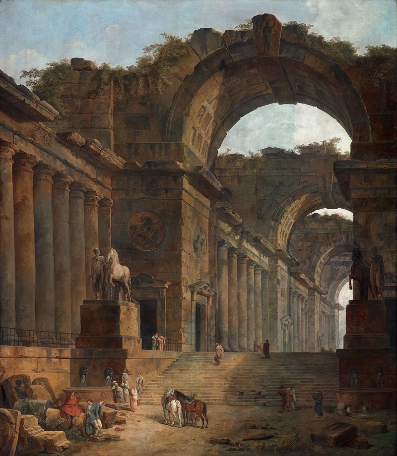Pintura rococó de Hubert Robert retratando uma fonte e arquitetura clássica