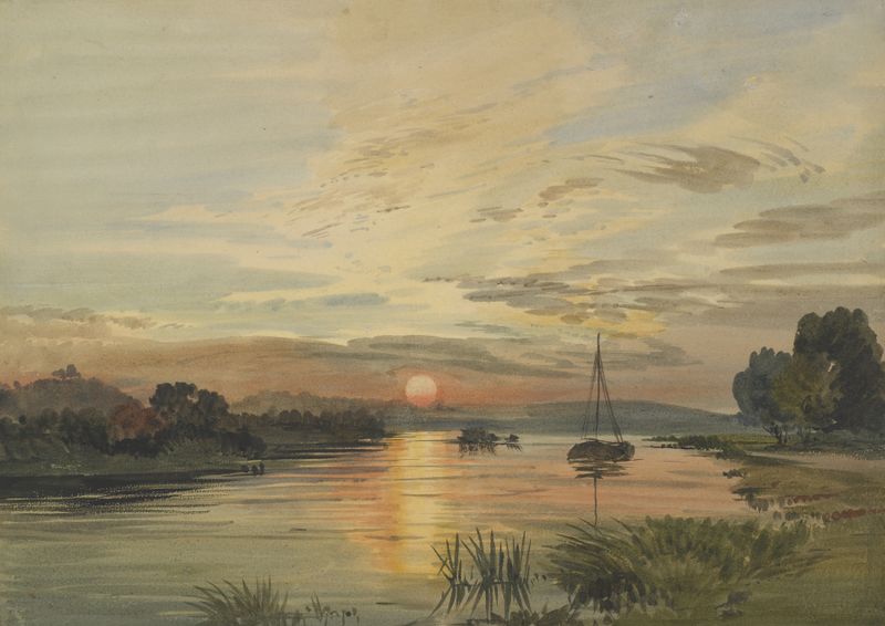 River scene by John Gendall, 19th-century oil painting depicting a vibrant landscape with water and sky.
