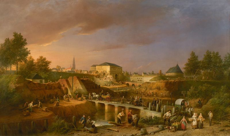 Afbraak van de St.-Jorispoort in 1866 de Ferdinand de Braekeleer, pintura a óleo mostrando ruínas arquitetônicas.