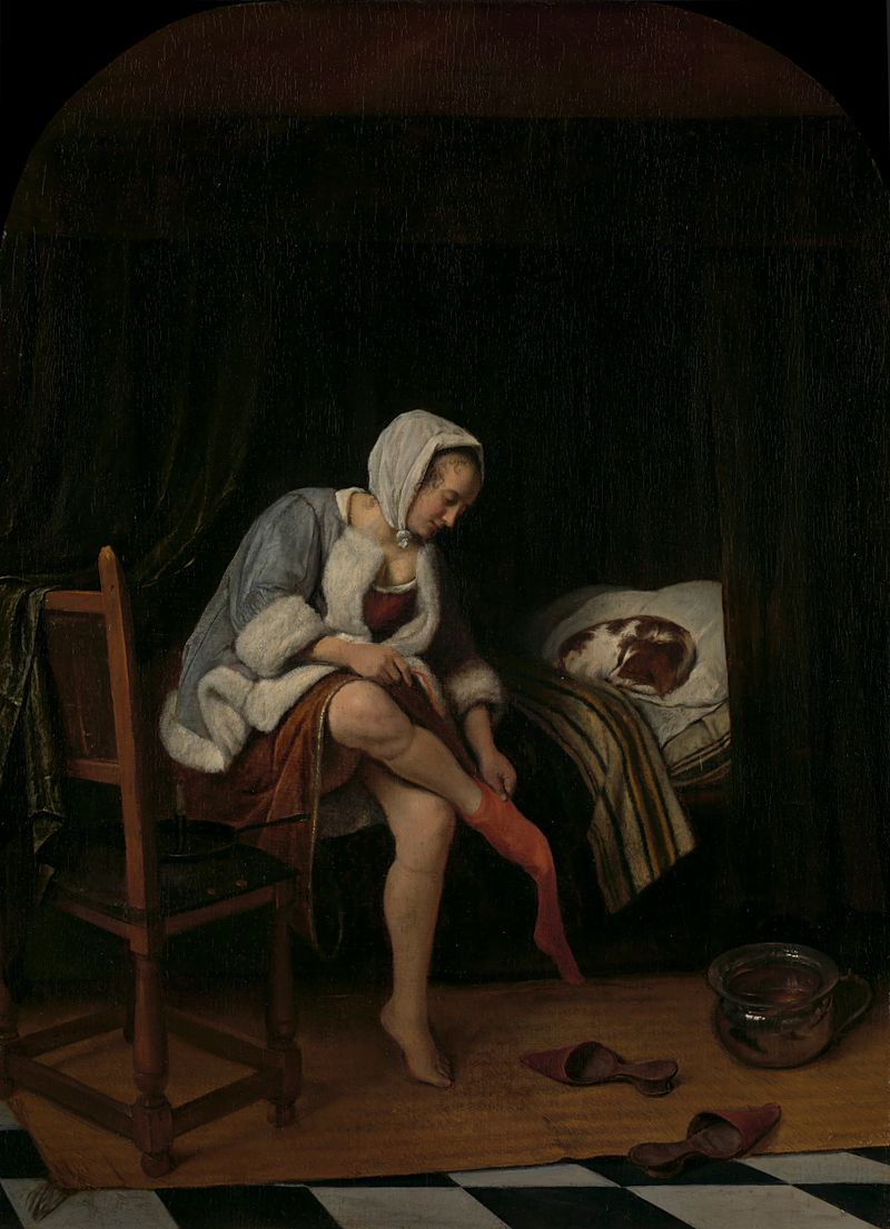 Nude woman undressing, oil on panel by Jan Havicksz. Steen