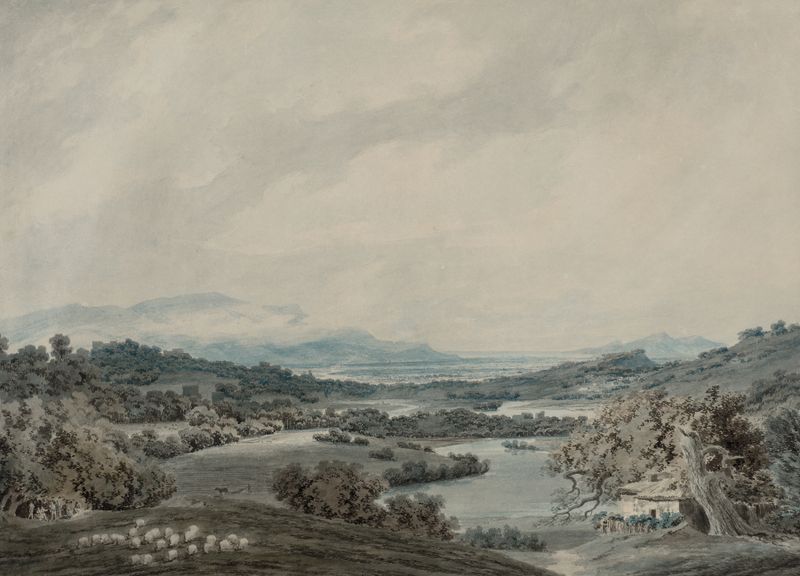 Italian Landscape by John Robert Cozens, watercolor on paper depicting a serene valley with hills and sunlight.