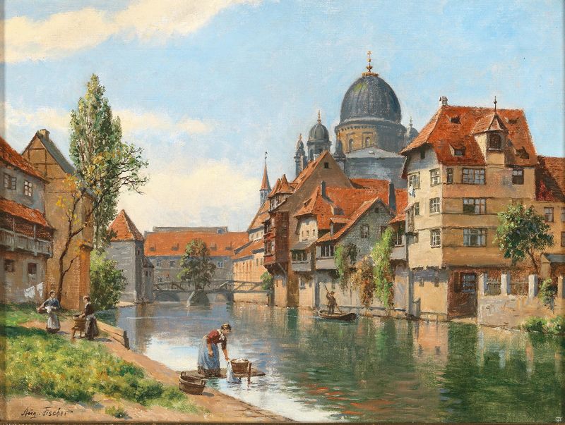 Old Nuremberg, oil on canvas by August Fischer, depicting a synagogue by the Pegnitz River.