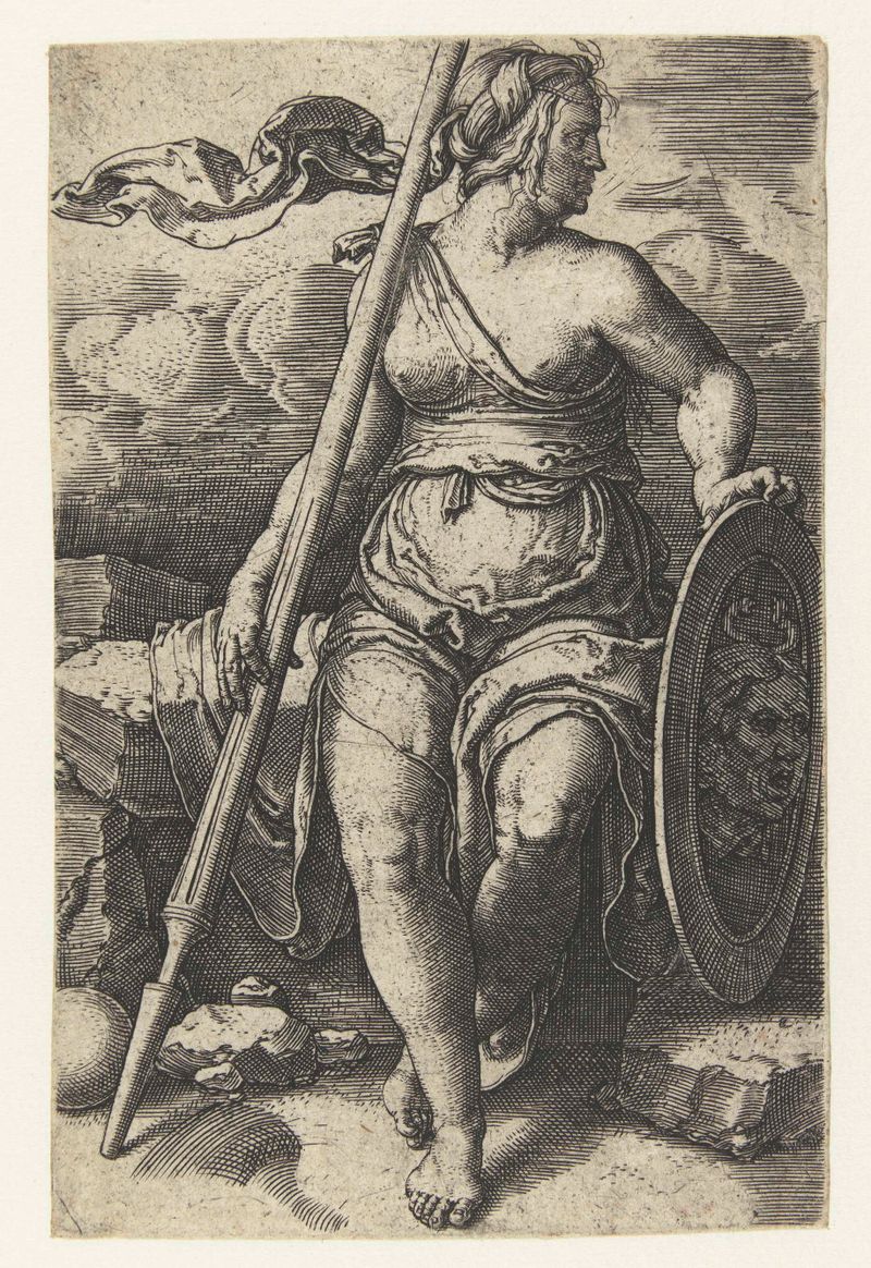 Gravura de Pallas Athene por Lucas van Leyden, apresentando tecidos intrincados e um olhar penetrante.
