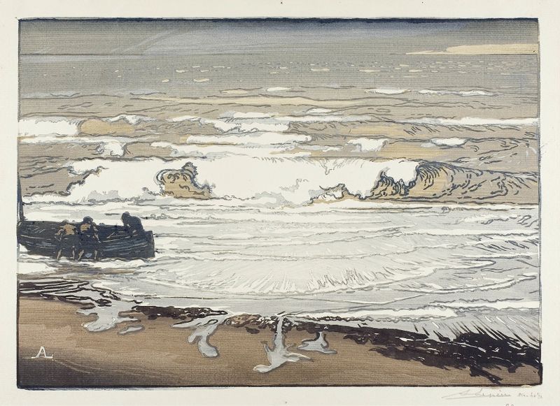 Breaking Waves, September Tide de Auguste Louis Lepère, aquarela sobre papel que mostra ondas quebrando
