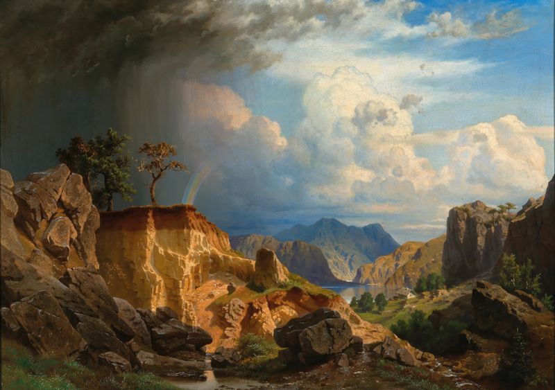 A vast landscape with a rainbow, oil on canvas by Johann Kautsky