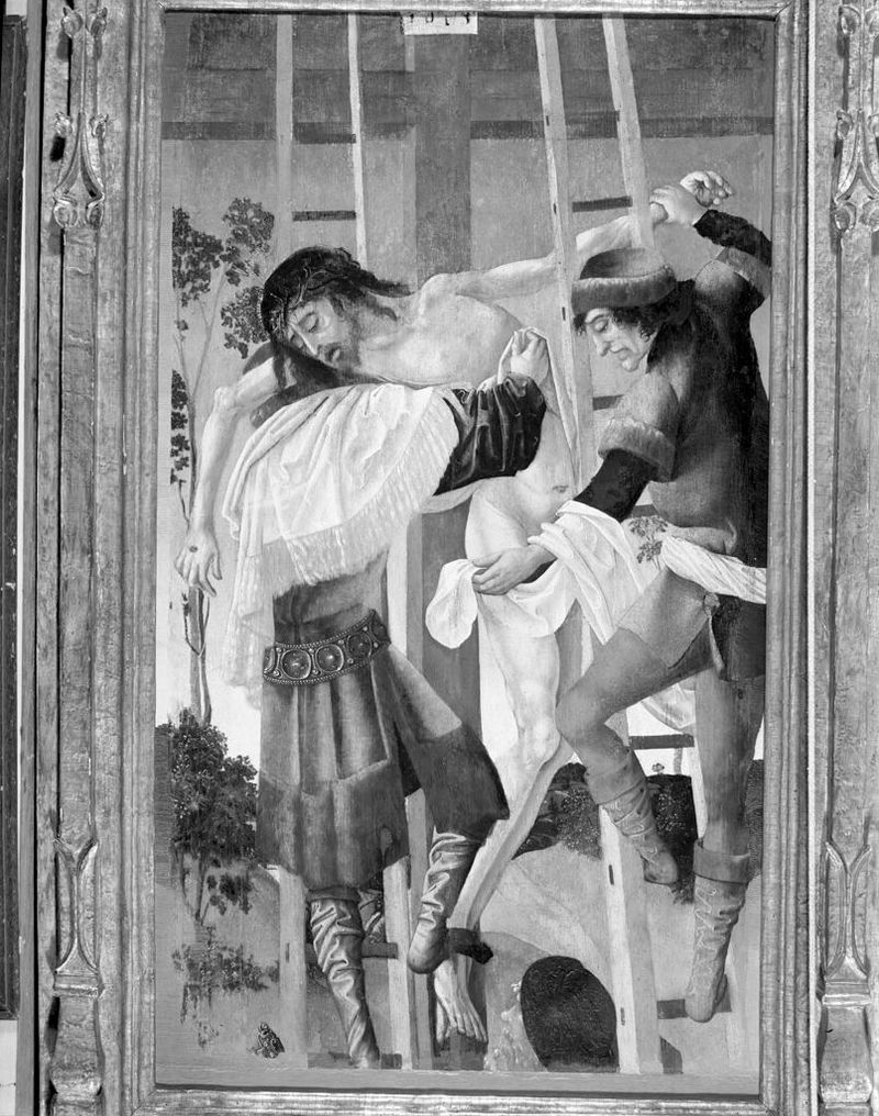 The Descent from the Cross, oil on panel by an unidentified artist, featuring a figure cradling a lifeless body.