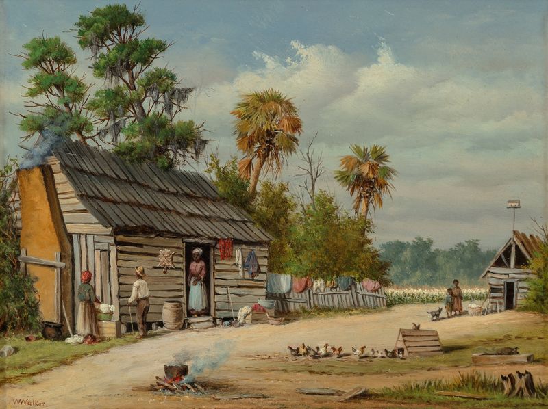Interior of a cabin with wooden beams and sunlight, oil on canvas by William Aiken Walker