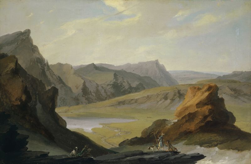 Paisaje que muestra un lago y montañas de Caspar Wolf, pintura al óleo