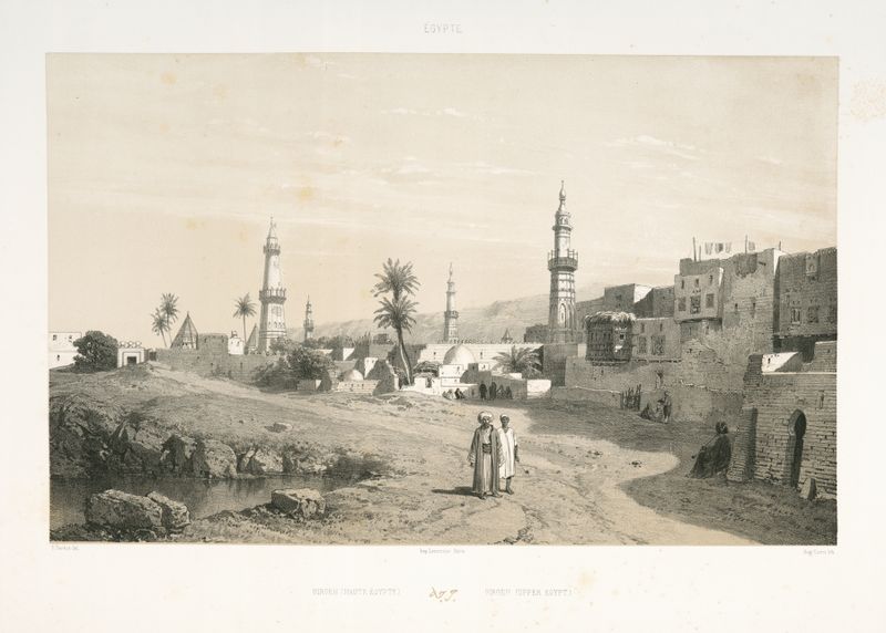 Girgeh (Haute Égypte) pintura al óleo de Prosper Barbot que representa un paisaje egipcio sereno.