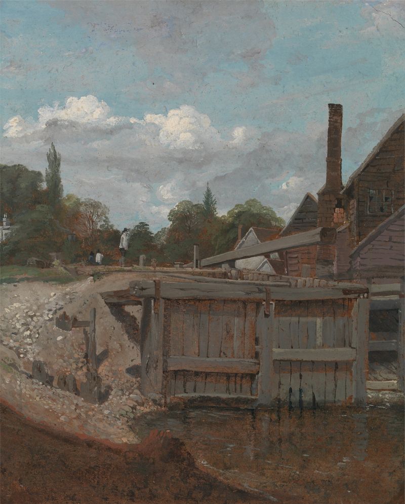 Lock gate landscape by William Mulready, oil on canvas
